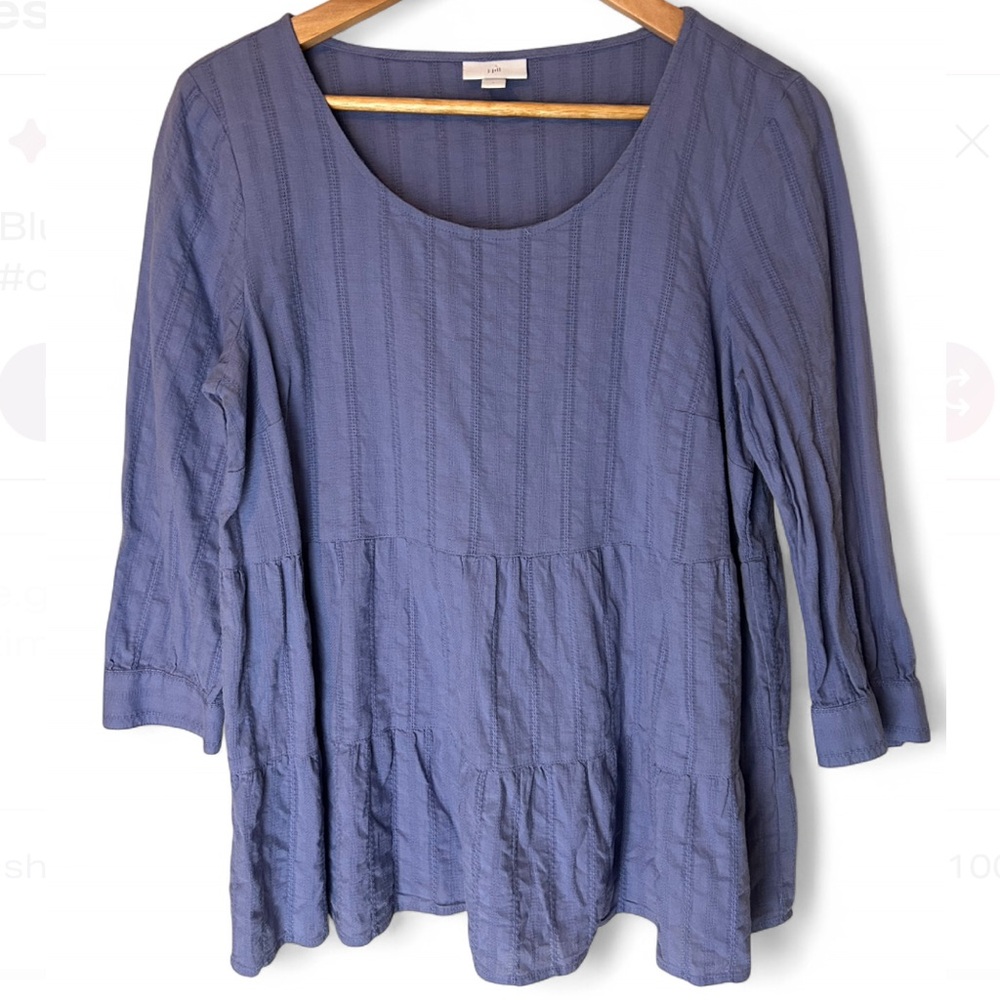 J. Jill 100% Cotton Dusty Blue Tiered 3/4 Sleeve Blouse Casual Size S Boho Flowy - Picture 2 of 10